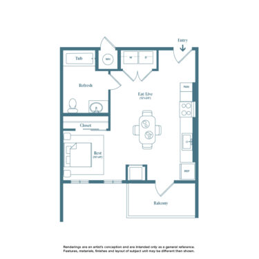 Rendering of the Crown Rock floor plan with a Studio bedroom and 1 bathroom[s] at Weathervane