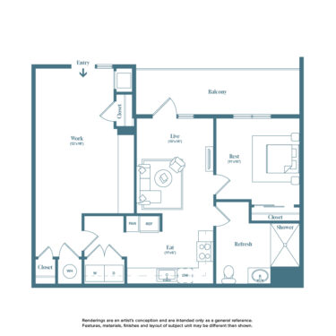 Rendering of the Marshall floor plan with 1 bedroom[s] and 1 bathroom[s] at Weathervane