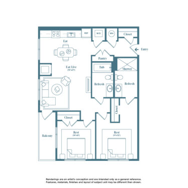Rendering of the Doudy floor plan with 2 bedroom[s] and 2 bathroom[s] at Weathervane