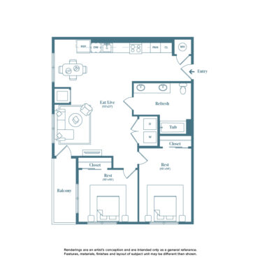 Rendering of the Yampa floor plan with 2 bedroom[s] and 2 bathroom[s] at Weathervane