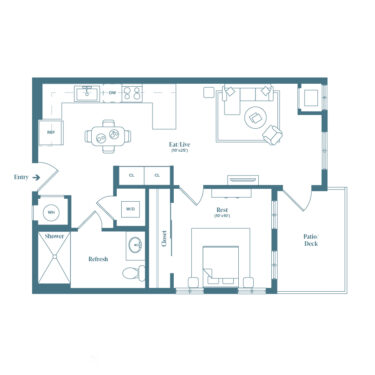 Rendering of the Walker floor plan with 1 bedroom[s] and 1 bathroom[s] at Weathervane