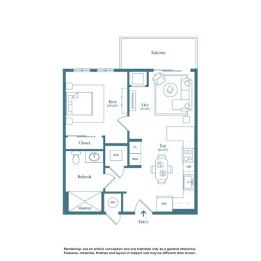 Rendering of the Valmont floor plan with 1 bedroom[s] and 1 bathroom[s] at Weathervane