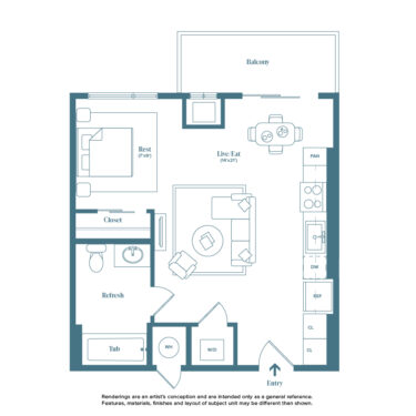 Rendering of the Animas floor plan with a Studio bedroom and 1 bathroom[s] at Weathervane