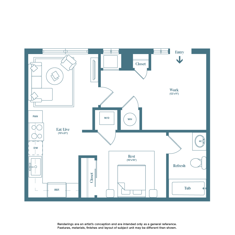 Rendering of the Manitou floor plan with 1 bedroom[s] and 1 bathroom[s] at Weathervane
