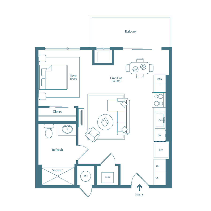 Rendering of the Animas floor plan with a Studio bedroom and 1 bathroom[s] at Weathervane