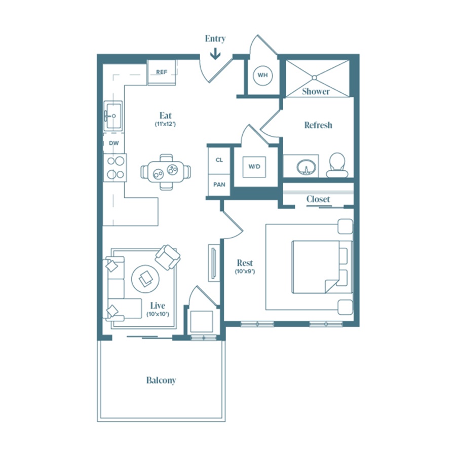 Rendering of the Wonderland floor plan with a Studio bedroom and 1 bathroom[s] at Weathervane