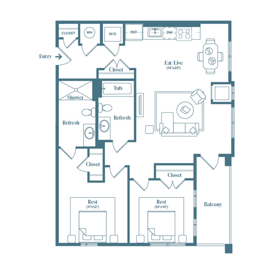 Rendering of the Greenbriar floor plan with 2 bedroom[s] and 2 bathroom[s] at Weathervane