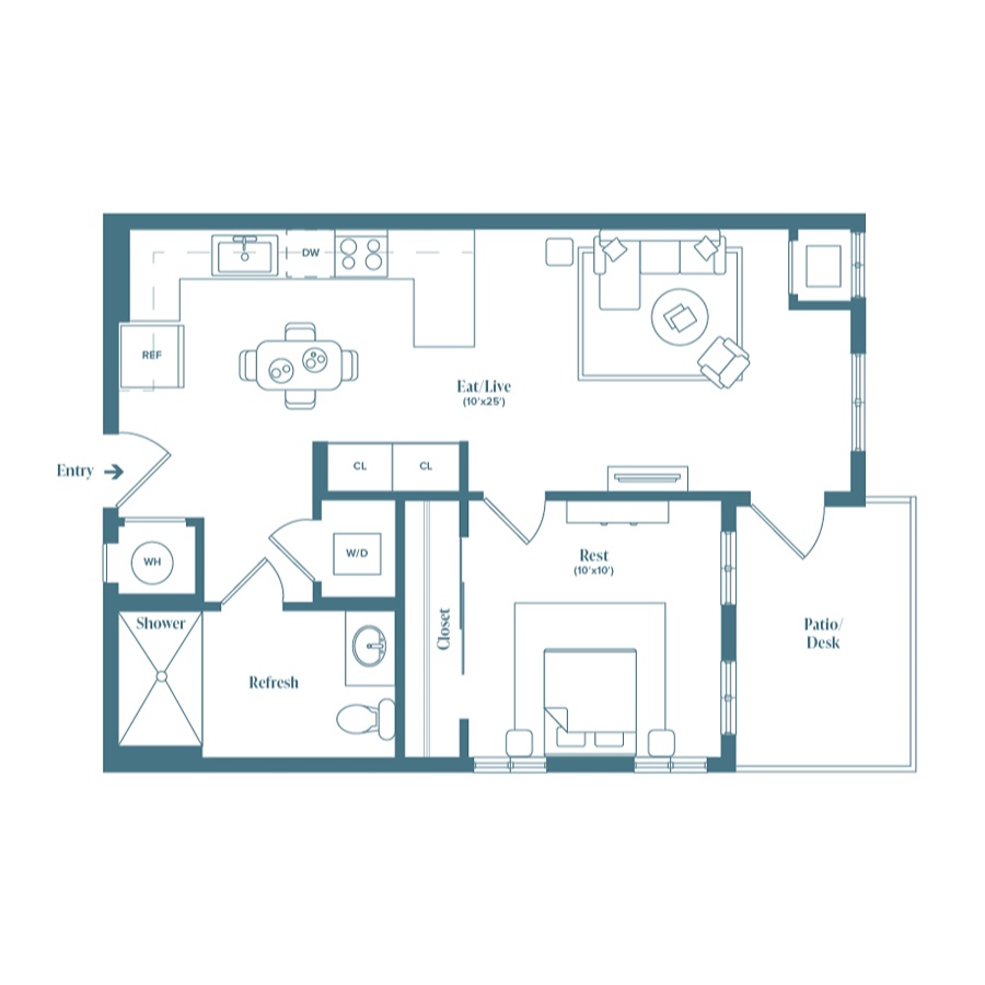 Rendering of the Walker floor plan with 1 bedroom[s] and 1 bathroom[s] at Weathervane